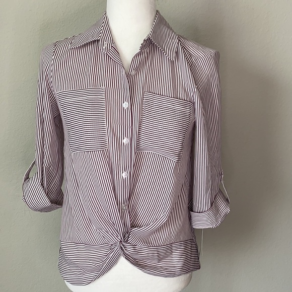 BCX Twist Front Button Up 3/4 Sleeve Striped Shirt - Picture 4 of 8